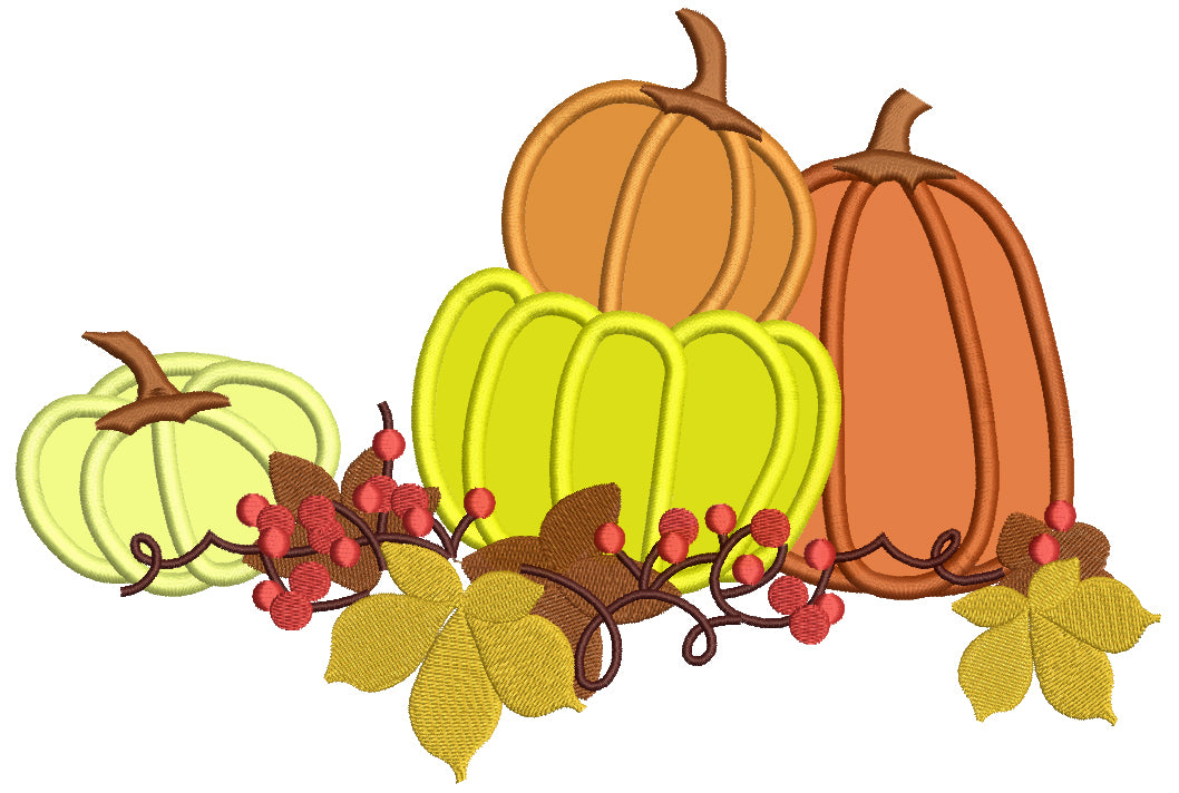 Pumpkins and Fall Leaves Applique Machine Embroidery Design Digitized Pattern