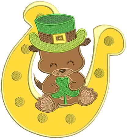 Puppy Sitting On a Big Horseshoe St. Patrick's Day Applique Machine Embroidery Design Digitized Pattern