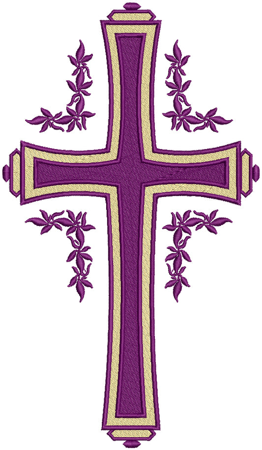 Purple Cross With Flowers Religious Filled Machine Embroidery Design Digitized Pattern