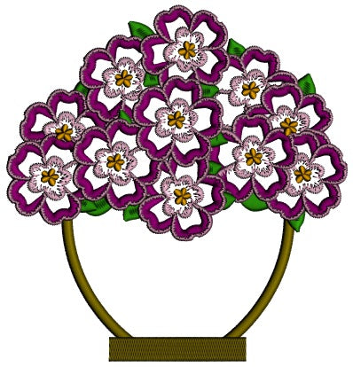 Purple Flowers In Plain Pot Applique Machine Embroidery Design Digitized Pattern