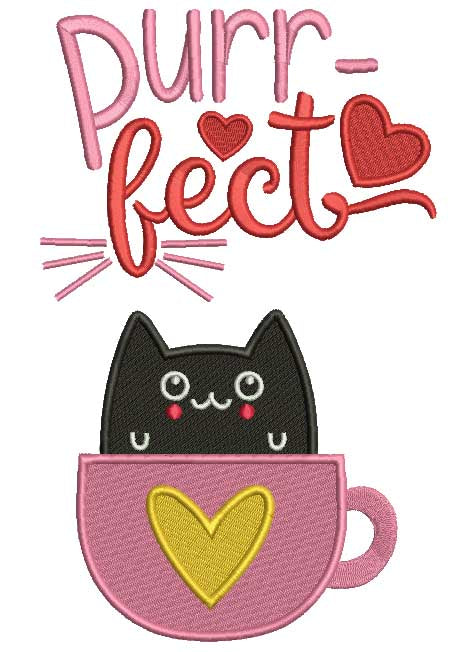 Purrfect Cat Cup Love Filled Machine Embroidery Design Digitized Pattern