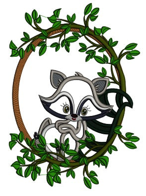 Raccoon Wreath With Leaves Applique Machine Embroidery Design Digitized Pattern