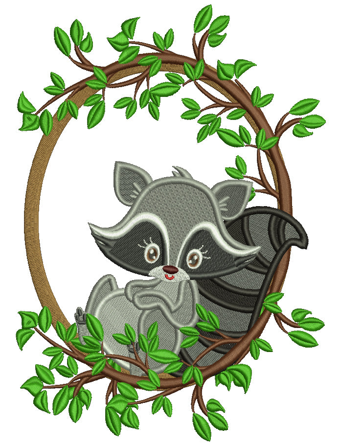 Raccoon Wreath With Leaves Filled Machine Embroidery Design Digitized Pattern