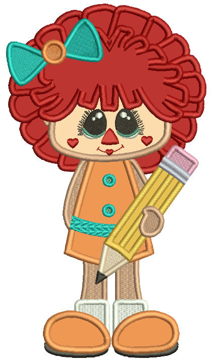 Rag Doll Girl Holding Big Pencil School Applique Machine Embroidery Design Digitized Pattern