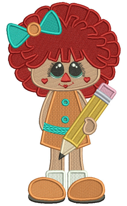 Rag Doll Girl Holding Big Pencil School Filled Machine Embroidery Design Digitized Pattern