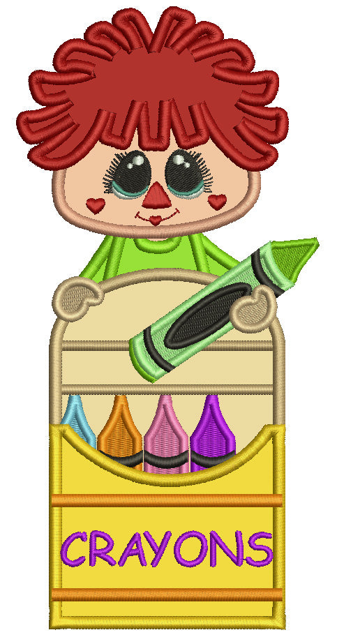 Rag Doll Holding COlored Marker School Applique Machine Embroidery Design Digitized Pattern