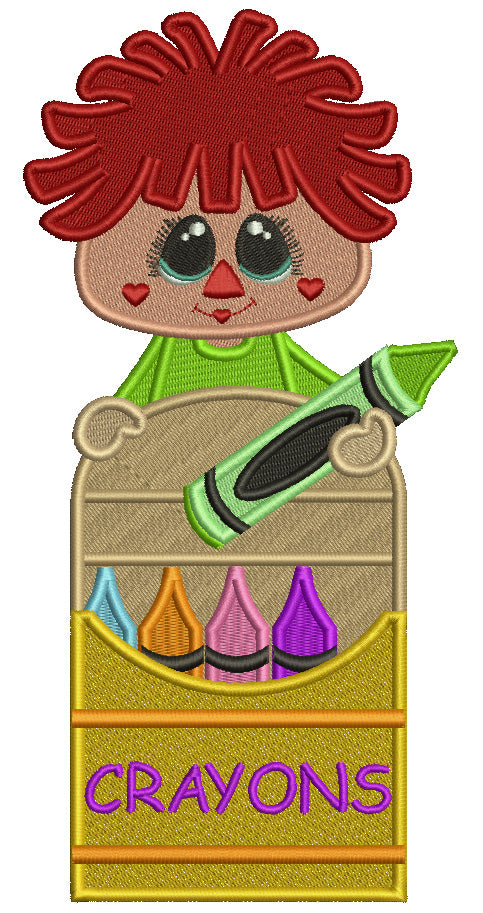 Rag Doll Holding COlored Marker School Filled Machine Embroidery Design Digitized Pattern