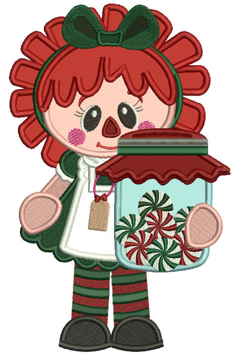 Rag Doll Holding Jar With Candies Applique Christmas Machine Embroidery Design Digitized Pattern