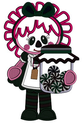 Rag Doll Holding Jar With Candies Applique Christmas Machine Embroidery Design Digitized Pattern