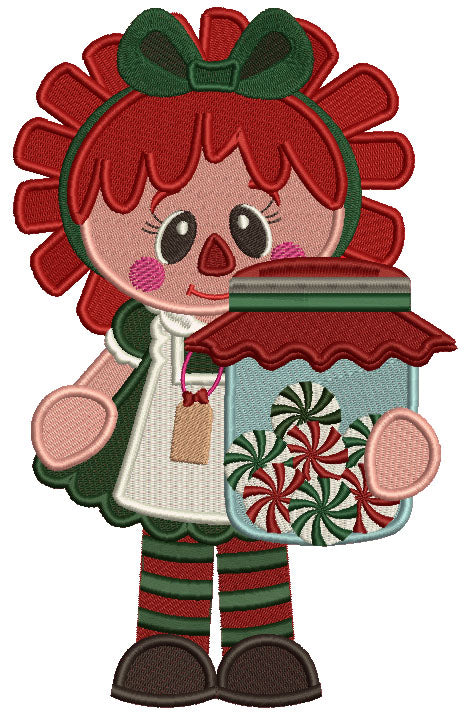 Rag Doll Holding Jar With Candies Filled Christmas Machine Embroidery Design Digitized Pattern