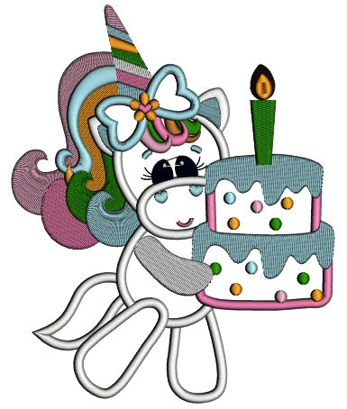Rainbow Unicorn With Birthday Cake Applique Machine Embroidery Digitized Design Pattern