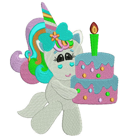 Rainbow Unicorn With Birthday Cake Filled Machine Embroidery Digitized Design Pattern