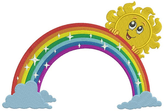 Rainbow With Clouds and Boy Sun Filled Machine Embroidery Design Digitized Pattern