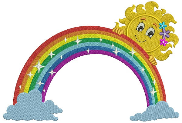 Rainbow With Clouds and Girl Sun Filled Machine Embroidery Design Digitized Pattern
