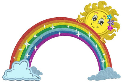 Rainbow With Clouds and Sun Applique Machine Embroidery Design Digitized Pattern