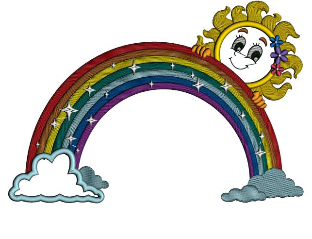 Rainbow With Clouds and Sun Applique Machine Embroidery Design Digitized Pattern