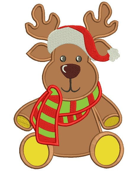Reindeer Wearing Scarf and Christmas Hat Applique Machine Embroidery Design Digitized Pattern