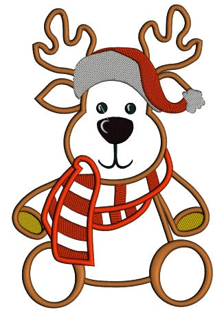 Reindeer Wearing Scarf and Christmas Hat Applique Machine Embroidery Design Digitized Pattern