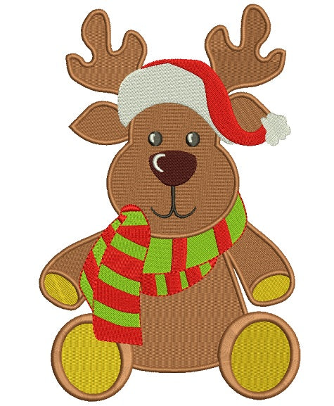 Reindeer Wearing Scarf and Christmas Hat Filled Machine Embroidery Design Digitized Pattern