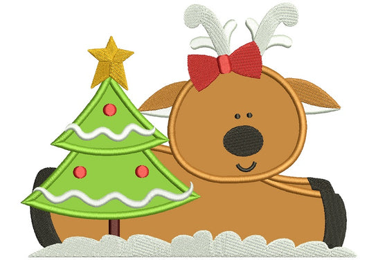Reindeer With Christmas Tree Applique Machine Embroidery Design Digitized Pattern