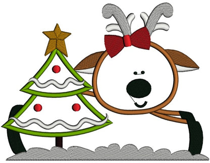 Reindeer With Christmas Tree Applique Machine Embroidery Design Digitized Pattern
