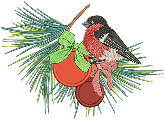 Red Robin Sitting On Christmas Ornaments Applique Machine Embroidery Design Digitized Pattern