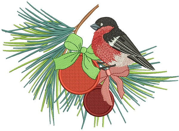 Red Robin Sitting On Christmas Ornaments Filled Machine Embroidery Design Digitized Pattern