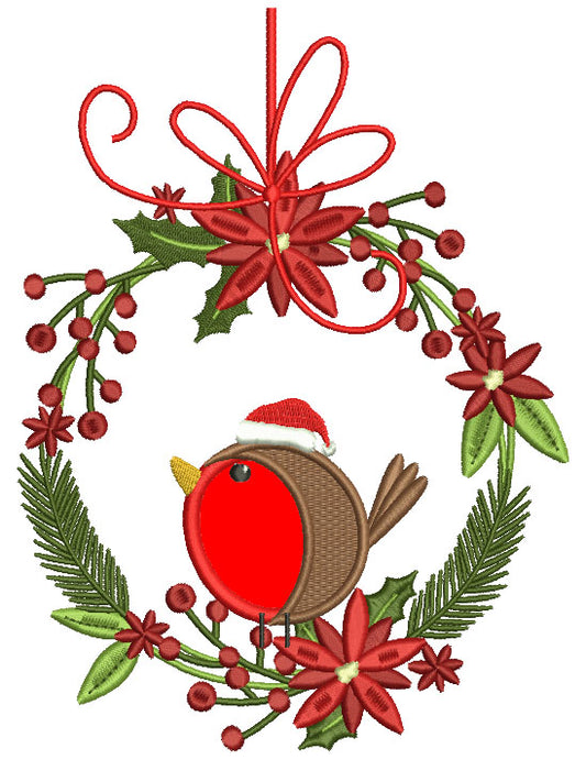Red Robin Sitting On Christmas Wreath Applique Machine Embroidery Design Digitized Pattern