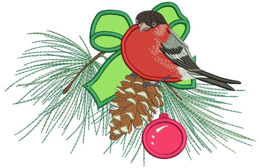 Red Robin Sitting On The Christmas Tree Branch Applique Machine Embroidery Design Digitized Pattern