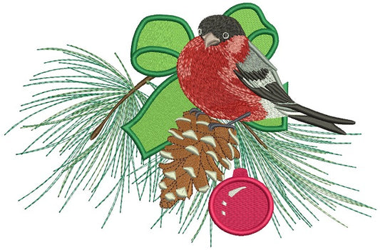 Red Robin Sitting On The Christmas Tree Branch Filled Machine Embroidery Design Digitized Pattern