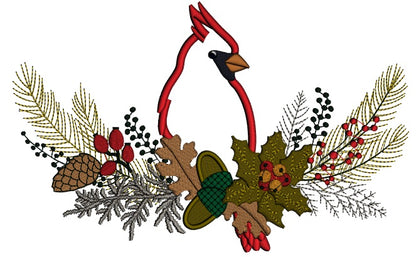 Red Robin Sitting On a Branch Winter Christmas Applique Machine Embroidery Design Digitized Pattern