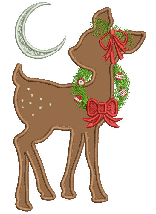 Reindeer Wearing Christmas Wreath And The Moon Christmas Applique Machine Embroidery Design Digitized Pattern