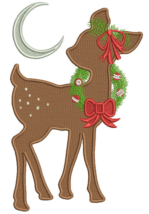 Reindeer Wearing Christmas Wreath And The Moon Christmas Filled Machine Embroidery Design Digitized Pattern