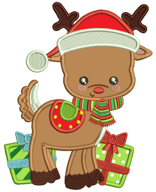 Reindeer Wearing a Christmas Hat Standing Next To Presents Christmas Applique Machine Embroidery Design Digitized Pattern