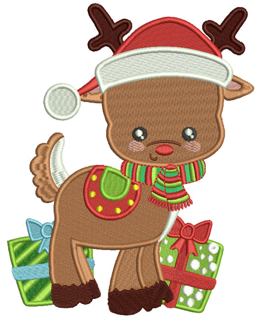 Reindeer Wearing a Christmas Hat Standing Next To Presents Christmas Filled Machine Embroidery Design Digitized Pattern