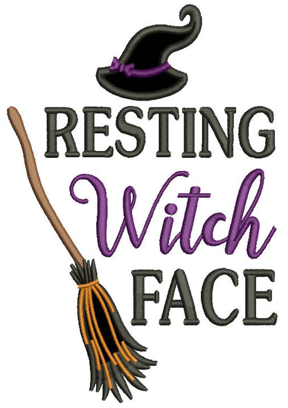 Resting Witch Face Broom Applique Halloween Machine Embroidery Design Digitized Pattern