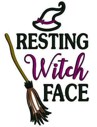 Resting Witch Face Broom Applique Halloween Machine Embroidery Design Digitized Pattern