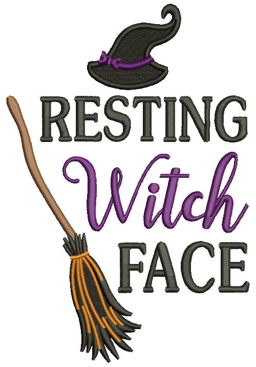 Resting Witch Face Broom Filled Halloween Machine Embroidery Design Digitized Pattern