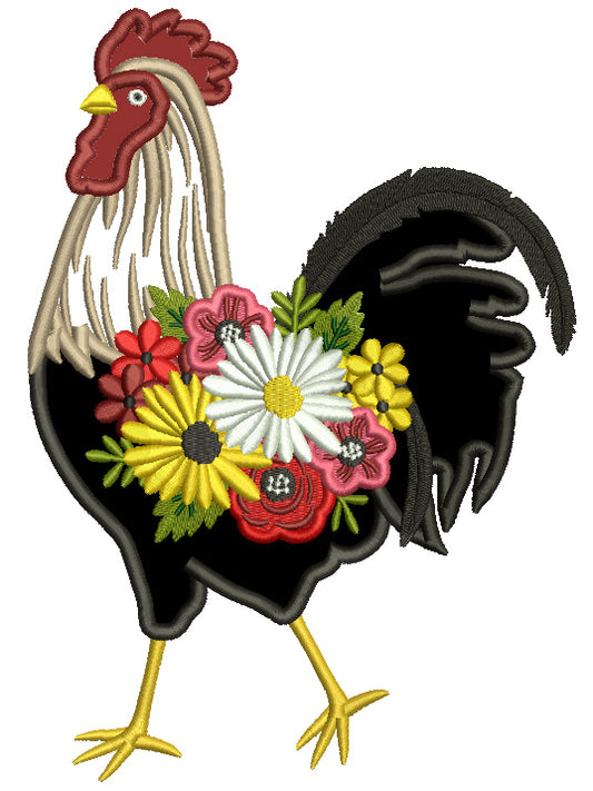 Rooster With Beautiful Flowers Applique Machine Embroidery Design Digitized Pattern