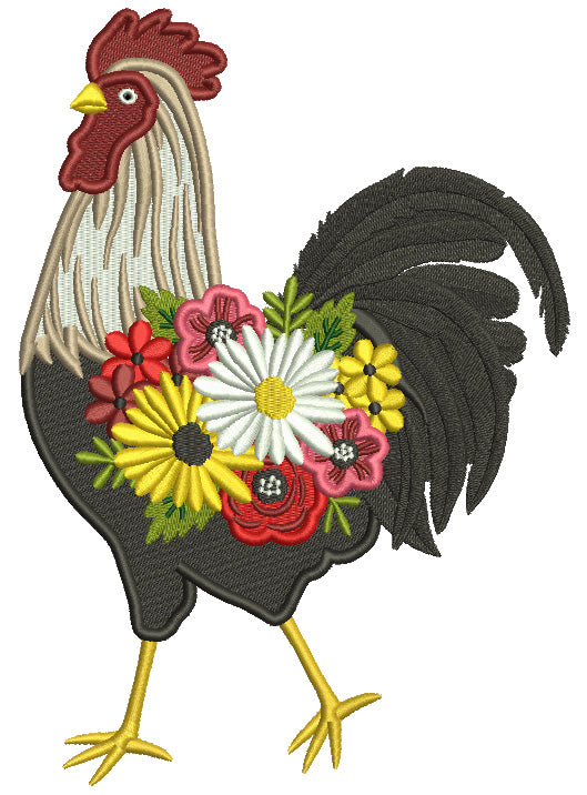 Rooster With Beautiful Flowers Filled Machine Embroidery Design Digitized Pattern