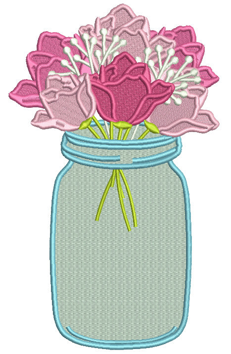 Roses In The Mason Jar Flowers Filled Machine Embroidery Design Digitized Pattern