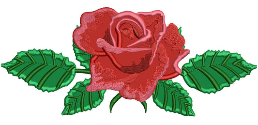 Single Rose With Leaves Flowers Applique Machine Embroidery Design Digitized Pattern