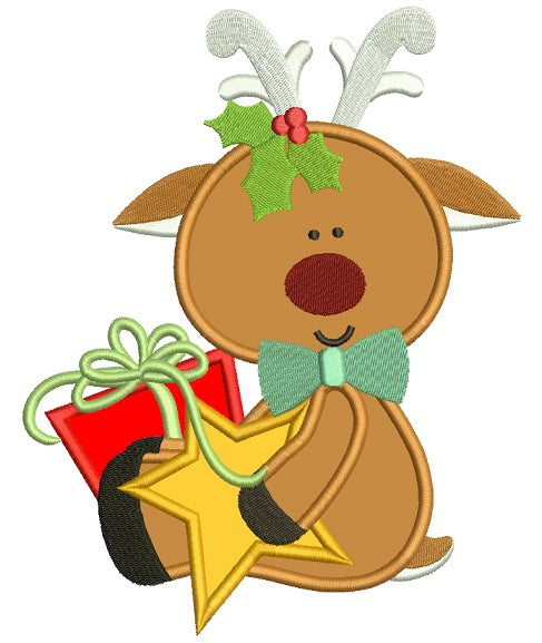Rudolph Reindeer Holding Gifts Christmas Applique Machine Embroidery Design Digitized Pattern