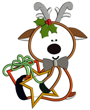 Rudolph Reindeer Holding Gifts Christmas Applique Machine Embroidery Design Digitized Pattern