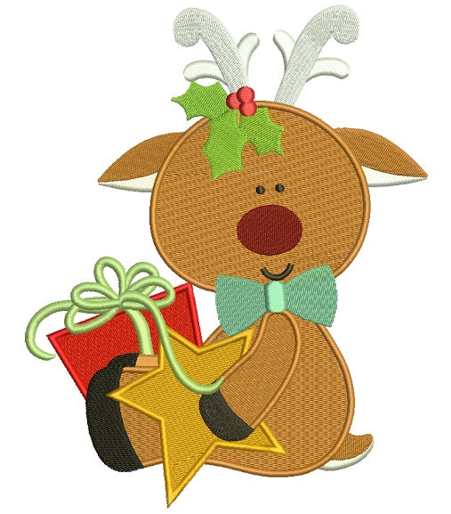 Rudolph Reindeer Holding Gifts Christmas Filled Machine Embroidery Design Digitized Pattern