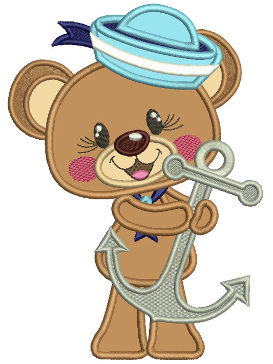Sailor Baby Bear Holding Boat Anchor Applique Machine Embroidery Design Digitized Pattern