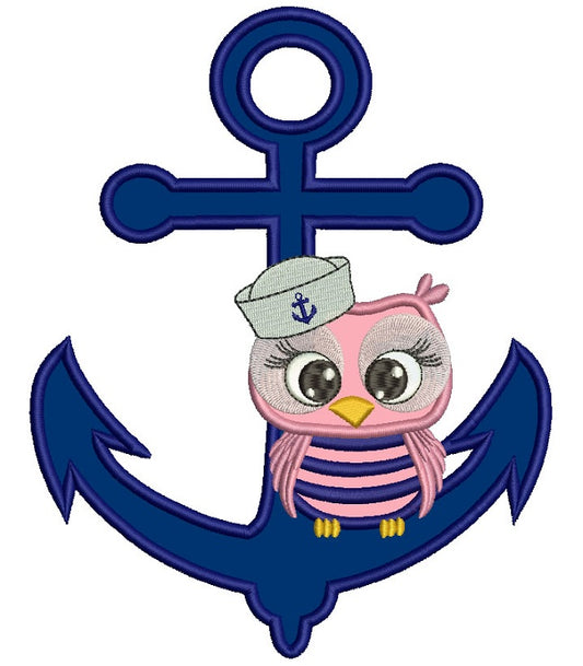 Sailor Owl Sitting on a Boat Anchor Applique Machine Embroidery Digitized Design Pattern
