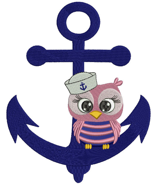 Sailor Owl Sitting on a Boat Anchor Filled Machine Embroidery Digitized Design Pattern