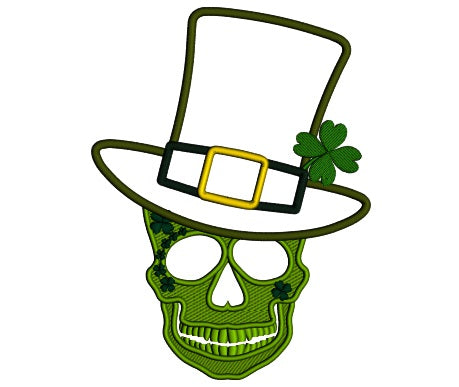 Saint Patrick's Day Skull Wearing a Hat Applique Machine Embroidery Design Digitized Pattern