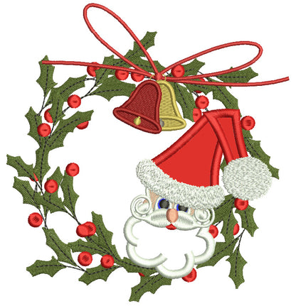 Santa And Christmas Bells Wreath Applique Machine Embroidery Design Digitized Pattern
